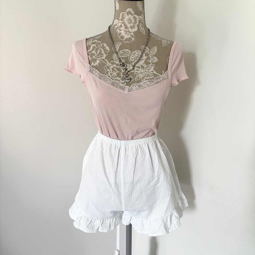 Dazy Pink Ribbed Lace Trim Cap Sleeve Top Lettuce Hem Size XL